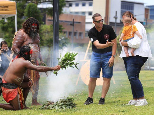 David and Purdy Cox with Baby Boston during a Welcome Baby to Country ceremony at Gold Coast University Parklands Hospital. Photo: Scott Powick