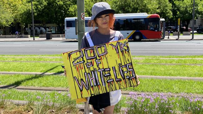 Homeless services worker Mai Nguyen attends the 2023 Survival Day rally at Tarntanyangga.