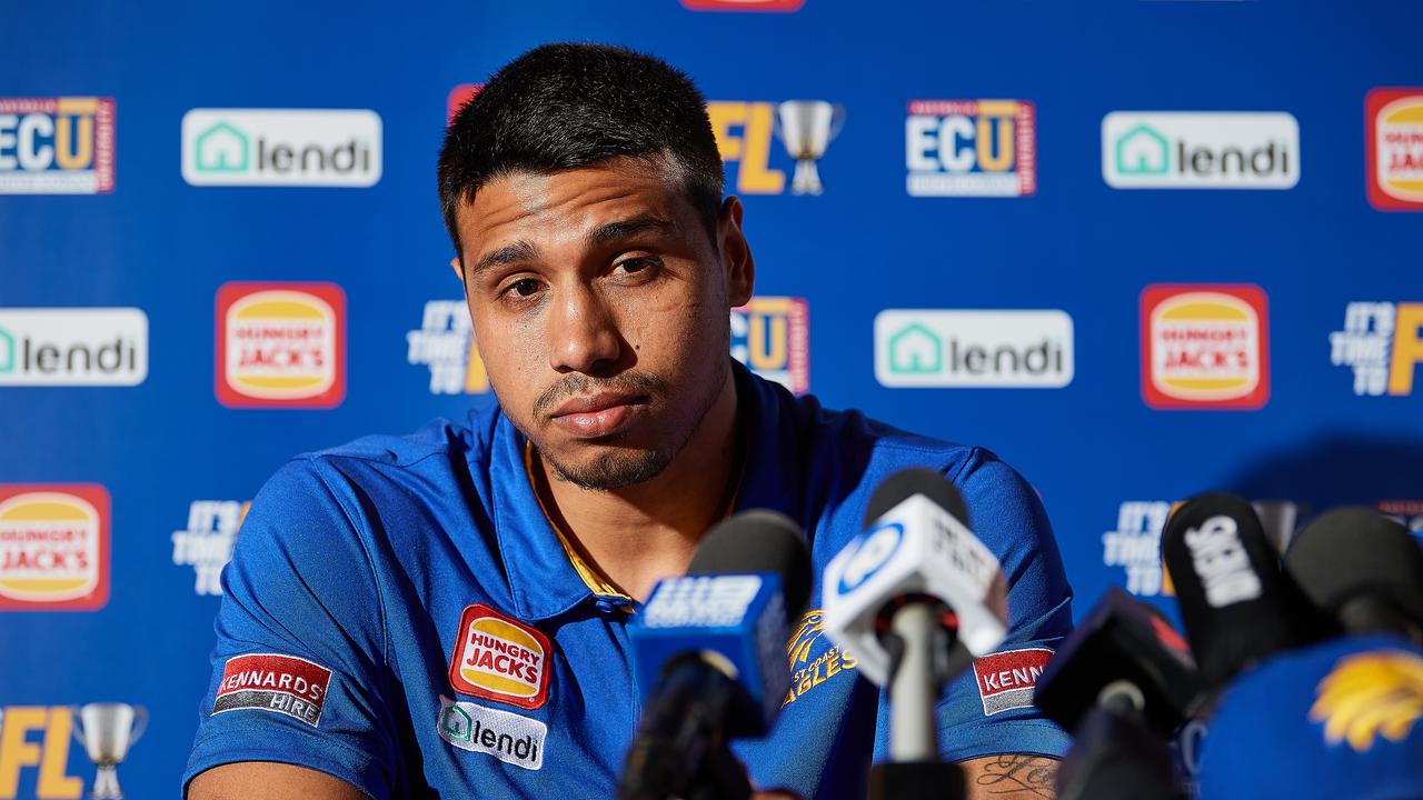 Tim Kelly answers questions during his first appearance as a West Coast Eagle.