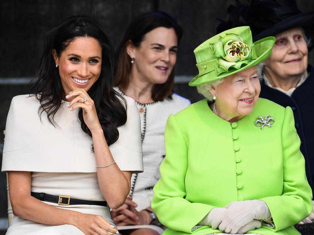 The Duchess of Sussex during her first public engagement with the Queen.