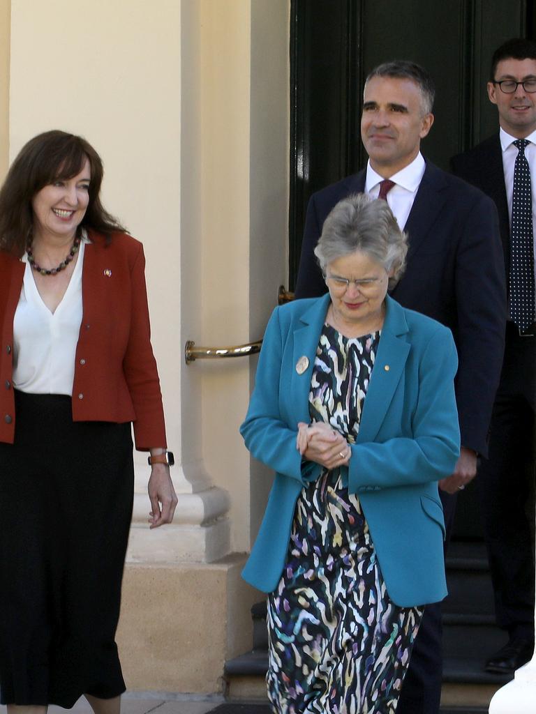 Premier Peter Malinauskas, Deputy Premier, Dr Susan Close, and Governor, Frances Adamson, head onto the lawns for the Cabinet photos. Picture: NCA NewsWire / Dean Martin