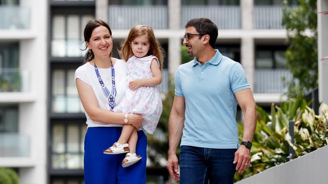 ‘My life and family is here, my home is Australia’: Iryna Riaboshapka with daughter Samira and husband Sameh Sabry at home in Olympic Park, Sydney, on Tuesday. Picture: Nikki Short