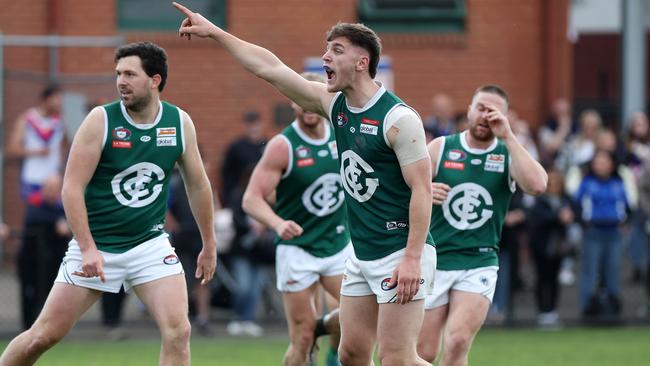 NFL: Greensborough’s Mitch Hill tries to convince the goal umpire. Picture: George Sal