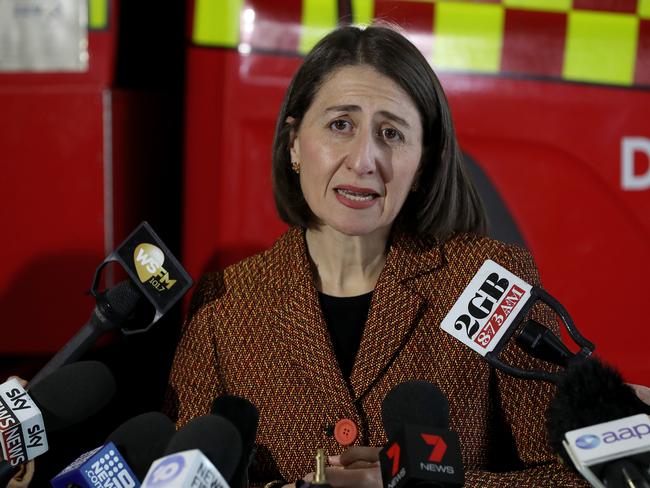 Premier Gladys Berejiklian faces the media for the first time since her overseas trip to the UK. Picture: Toby Zerna