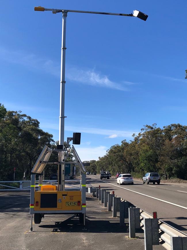 A transportable mobile phone detector camera mounted on a trailer by the side of Mona Vale Rd at Belrose this week. Picture: Jim O'Rourke