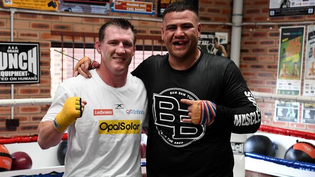 Paul Gallen and Tai Tuivasa went toe-to-toe in a sparring session. Picture: Grant Trouville