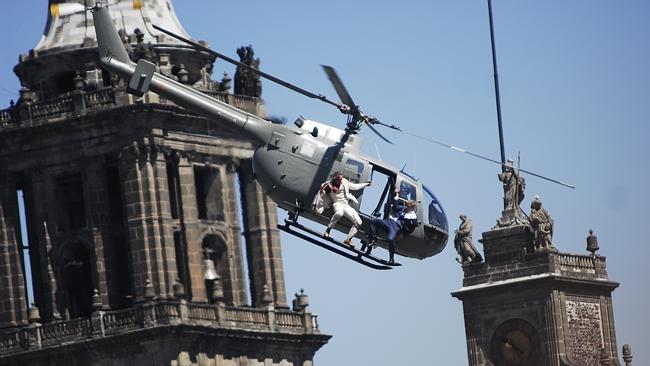 The new James Bond film Spectre opens with a spectacular helicopter stunt in Mexico City.