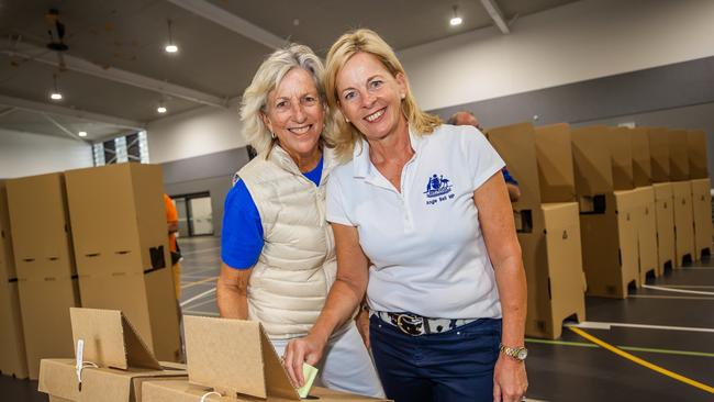 Angie Bell, LNP candidate for Moncrieff voting with her partner Ros Franklin at Nerang State High School. Picture: Nigel Hallett