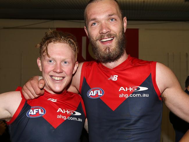 AFL Round 22. Melbourne vs Brisbane at the MCG. Melbourne's Clayton Oliver and Melbourne's Max Gawn  . Pic: Michael Klein