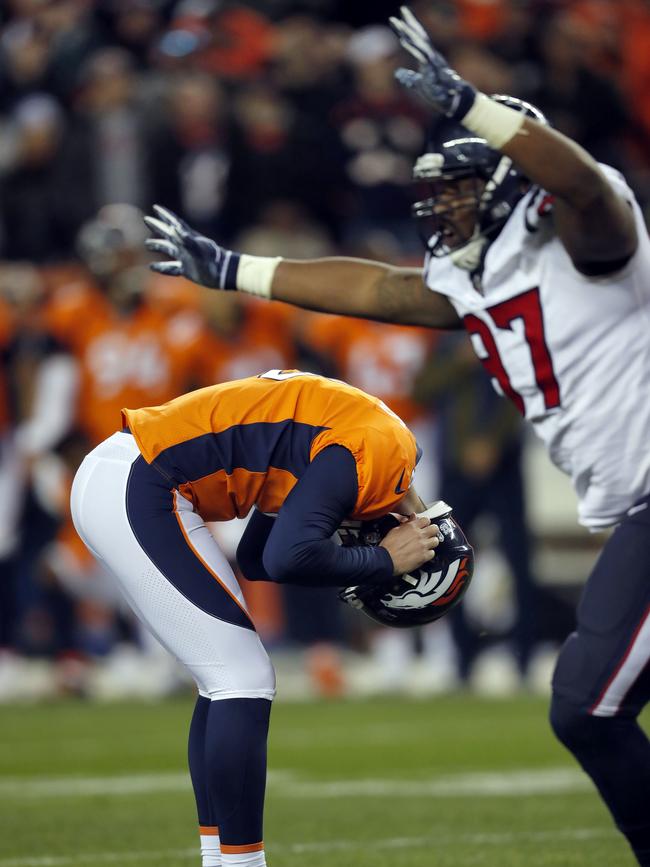 Denver Broncos kicker Brandon McManus hangs his head after missing a gamewinning field goal. Picture: AP