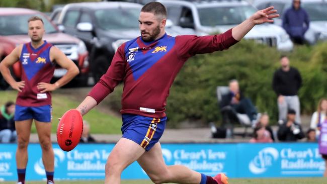 Moe’s Harrison Pepper lines up for goal in the Lions' first round win against Morwell this year. Picture: Daniel Heathcote