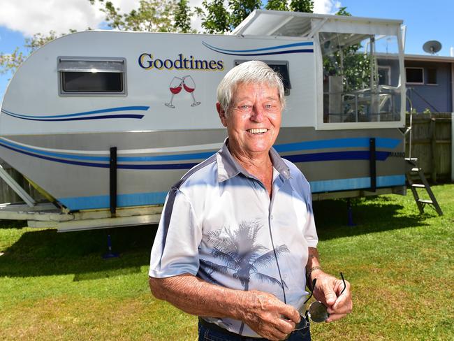 Al Toombs with his trailable house boat which he built himself is now up for sale. Picture: Shae Beplate.