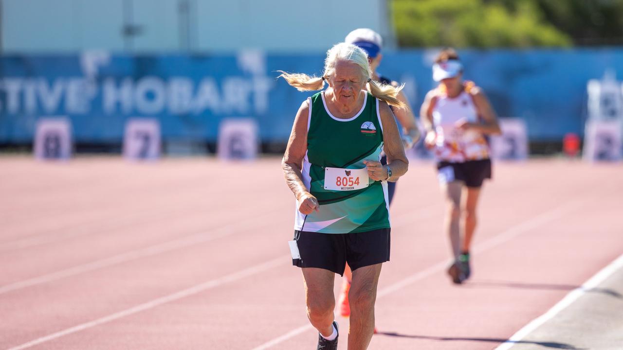 Suzanne Westbrook from Tasmanian Masters Athletics took part in the 800m event. Masters Athletics tournament on Friday 29th March 2024 at the Domain Athletics centre Hobart. Competitors from across Australia took part. Picture: Linda Higginson