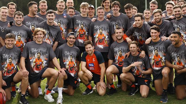 Toby Greene and his teammates showing support for the 200 gamer. Picture: Phil Hillyard