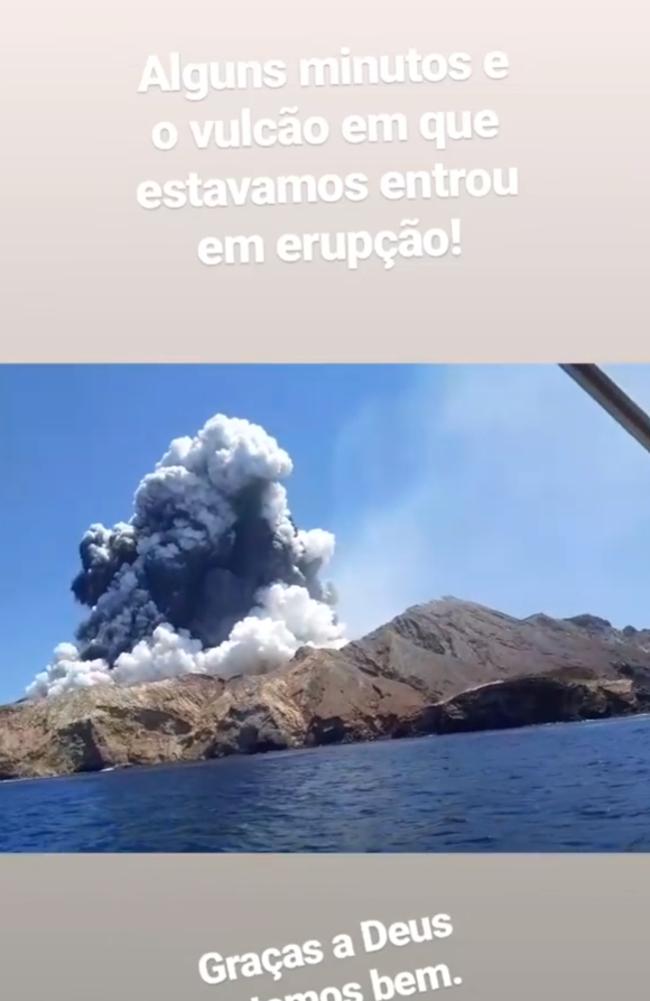 White Island Volcano eruption in New Zealand – Brazilians Alessandro Kauffmann and Aline Moura capture the explosion via Instagram stories. Picture: @allessandrokauffmann/Instagram