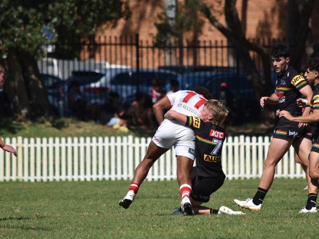 Jhett Sydir tackles Cyrus Stanley-Traill in the Harold Matthews Cup. Picture: Sean Teuma/NewsLocal