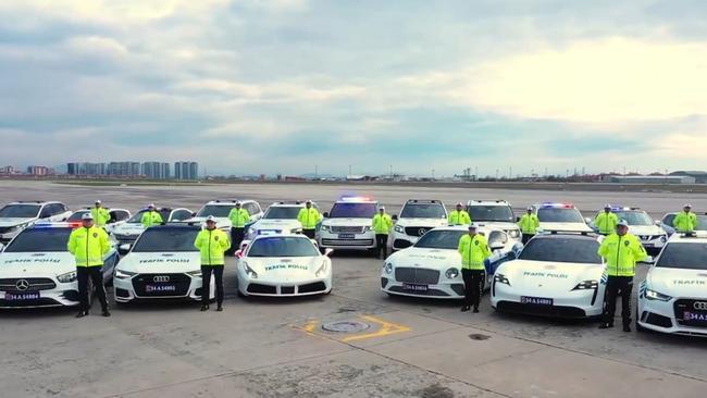 Vehicles including brands such as Porsche, Ferrari and Bentley, were wrapped and turned into police vehicles. Picture: X