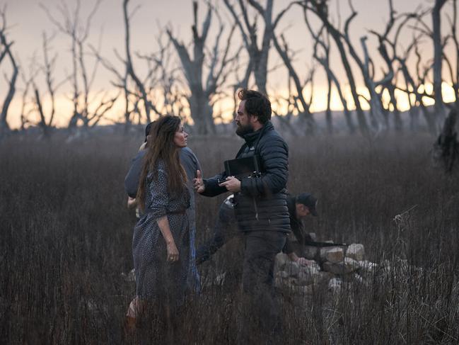 Director Justin Kurzel, talks to his wife Essie Davis on the set of the True History of the Kelly Gang. Picture: Supplied by STAN ORIGINALS