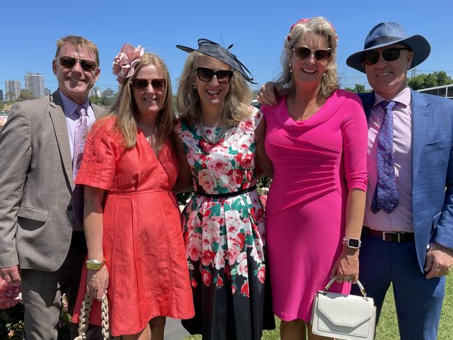 Kim Howes, Karen Anson, Michael Howes, Darrel Anson and Fiona Jowett at the 2024 Oaks Day. Picture: Himangi Singh.