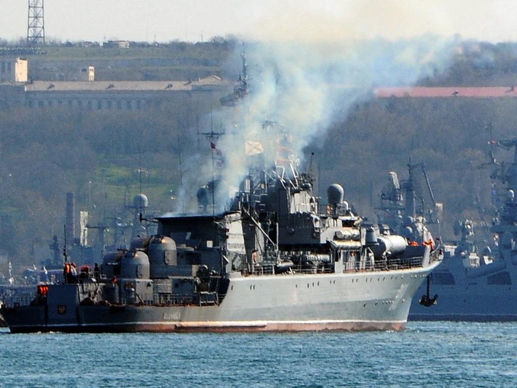 The Moskva, a Russian warship in the Black Sea, was 'seriously damaged' by an ammunition explosion, Russian state media said on April 14, 2022. Picture: AFP.