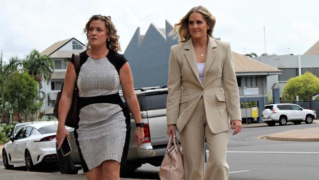 Channel 9 news reporter Georgie Dickerson (right) arrives at the Darwin Local Court with bureau chief Kathleen Gazzola on Wednesday. Picture: Jason Walls