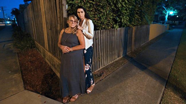 Shandee Blackburn’s mother, Vicki Blackburn, and sister, Shannah, around the time and at the site of her murder on the corner of Juliet St and Boddington St in Mackay, Queensland. Picture: Lyndon Mechielsen