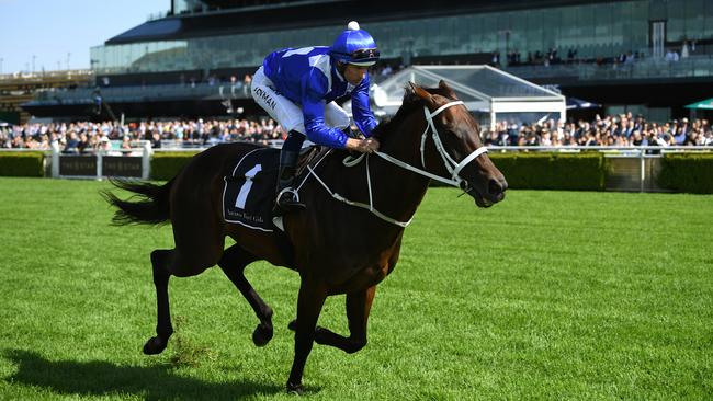 Hugh Bowman rides Winx for an exhibition gallop at Royal Randwick Racecourse in Sydney last Saturday before their final race in two days. Picture: AAP 