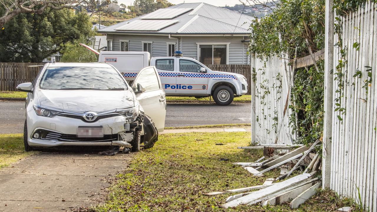 Five teens have been arrested after they crashed a stolen car into fence at the corner of Dodd and Jellicoe Streets on Thusday. Picture: Nev Madsen.