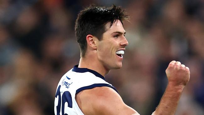 MELBOURNE, AUSTRALIA - APRIL 27: Oliver Henry of the Cats celebrates kicking a goal during the round seven AFL match between Geelong Cats and Carlton Blues at Melbourne Cricket Ground, on April 27, 2024, in Melbourne, Australia. (Photo by Quinn Rooney/Getty Images)