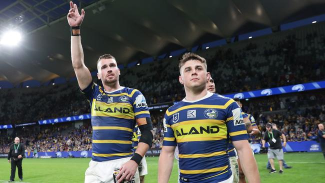 Clint Gutherson and Reed Mahoney celebrate Parramatta’s victory over Brisbane. Picture: Getty Images