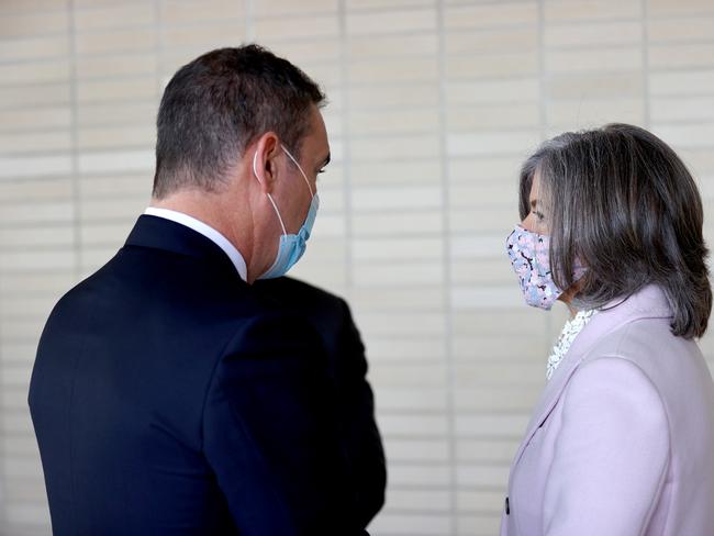 Premier Steven Marshall with Chief Public Health Officer Professor Nicola Spurrier last week at Modbury Hospital. Picture: NCA Newswire/ Kelly Barnes