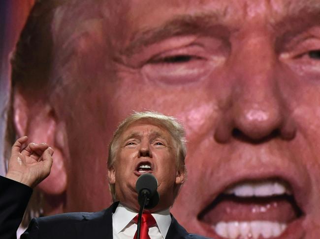 A larger than life Donald Trump pumped up delegates at the 2016 convention. Picture: AFP