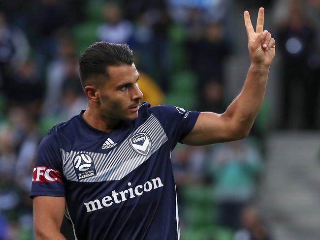 Andrew Nabbout of Melbourne Victory celebrates his goal. Picture: AAP Image/George Salpigtidis