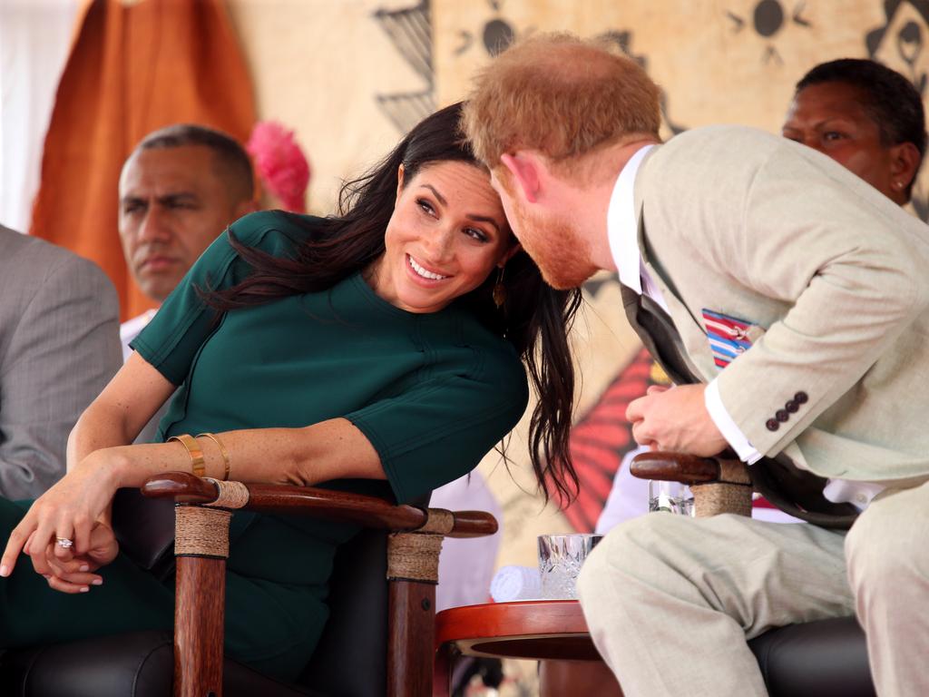The Duke and Duchess of Sussex Prince Harry and Meghan take part in a traditional fijian ceremony at Nadi Airport in Fiji to . Picture: Nathan Edwards