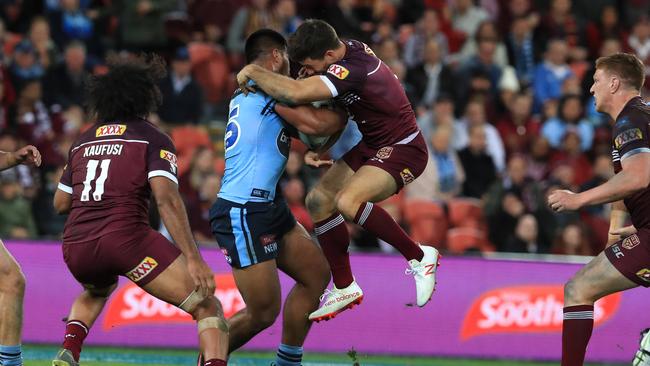 Ben Hunt bounces off Payne Haas during Game One of the 2019 Origin series between Queensland and NSW at Suncorp Stadium, Brisbane. Picture: Adam Head