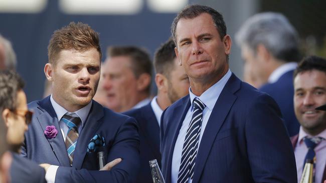 AFL player Heath Shaw (left) with Wayne Carey at the 2019 Cox Plate. (Photo by Daniel Pockett/Getty Images)