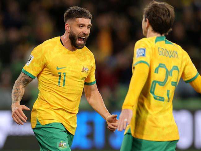 MELBOURNE, AUSTRALIA - NOVEMBER 16: Brandon Borrello of the Socceroos celebrates scoring a goal during the 2026 FIFA World Cup Qualifier match between Australia Socceroos and Bangladesh at AAMI Park on November 16, 2023 in Melbourne, Australia. (Photo by Kelly Defina/Getty Images)