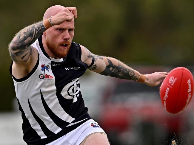 Western RamsÃ Fitzroy Greenwool and Melton Centrals Jordan Lindsay during the Riddell District FNL Western Rams v Melton Centrals football match at Ian Cowie Recreation Reserve in Rockbank, Saturday, April 1, 2023. Picture: Andy Brownbill