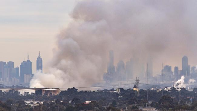 A recycling plant fire at Coolaroo, near Melbourne, in July 2017. Picture: Jason Edwards