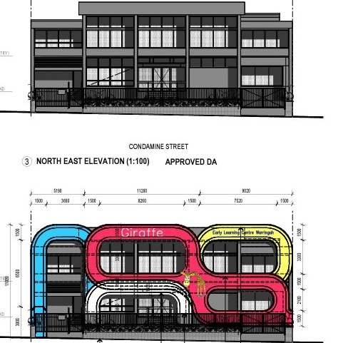 An artist's impression of a proposed facade (below) on a childcare centre in the former Warringah Golf Clubhouse (top) on Condamine St, Allambie Heights. Picture: Supplied