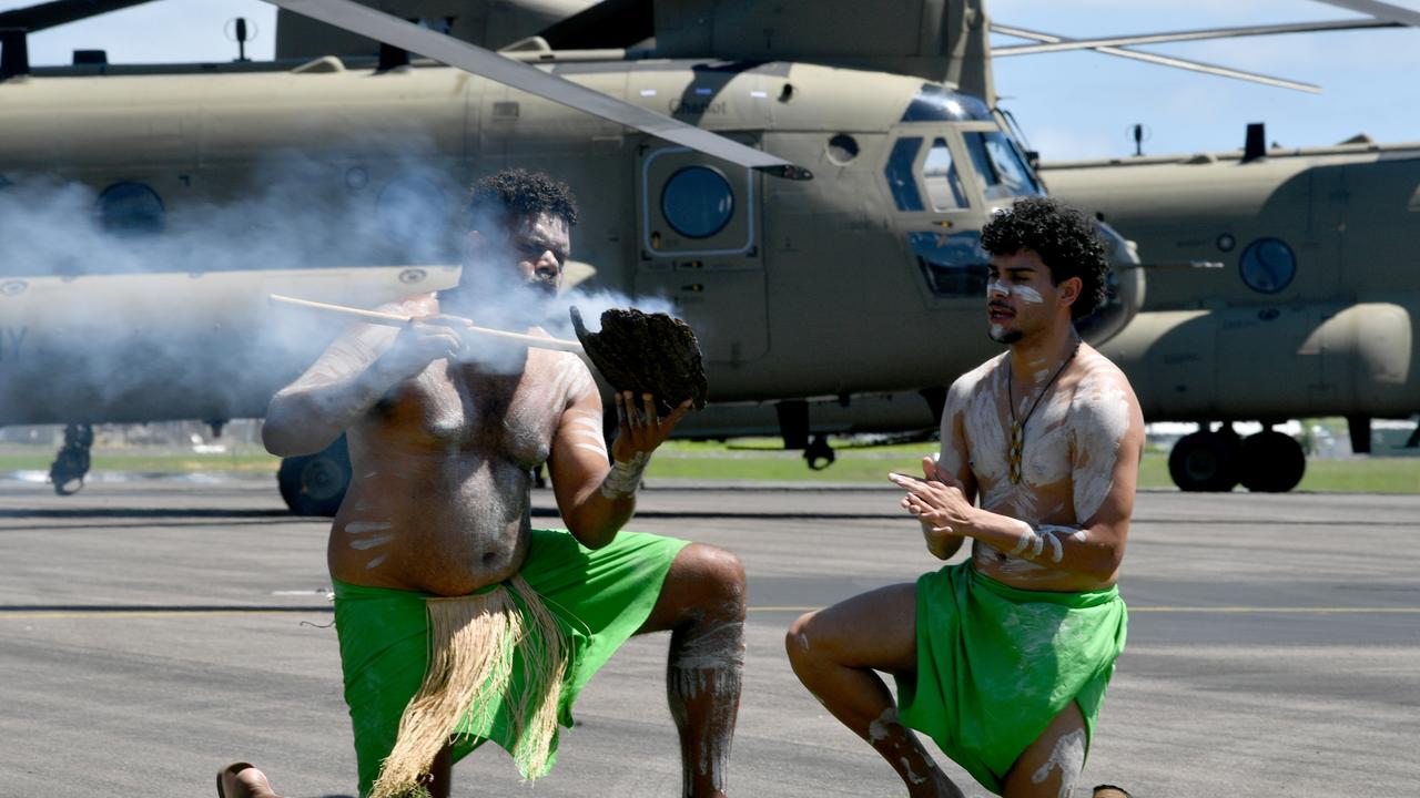 TownsvilleÃ&#149;s 5th Aviation Regiment will honour a long-standing tradition and conduct a naming ceremony for four Australian Army CH-47F Chinook helicopters. William Mabo and Deja Wyles from the Wulgurukaba Walkabouts. Picture: Eva Morgan