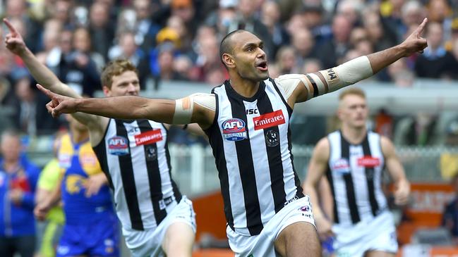 Travis Varcoe celebrates the first goal of the 2018 decider. This year’s grand final could be played at night or in a twilight timeslot.