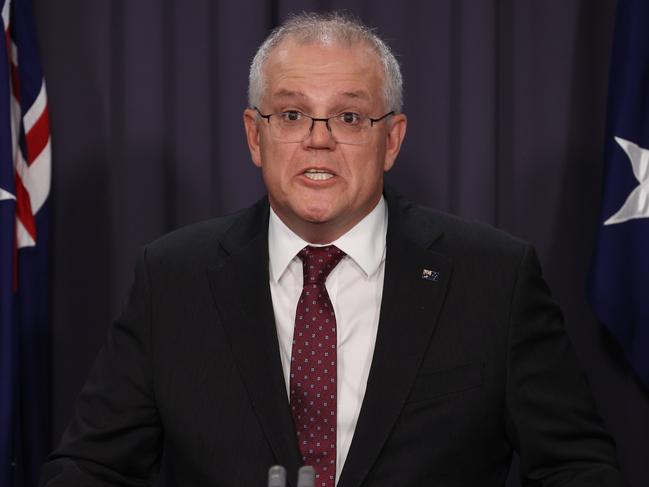 CANBERRA, AUSTRALIA NewsWire Photos MARCH, 23 2021: An emotional Prime Minister Scott Morrison during a press conference in Parliament House Canberra.Picture: NCA NewsWire / Gary Ramage