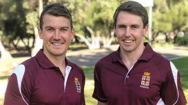 Old Reds playing-coach Craig Pitt (right) was looking forward to a test against Glenunga this weekend. Picture: Prince Alfred Old Collegians Football Club