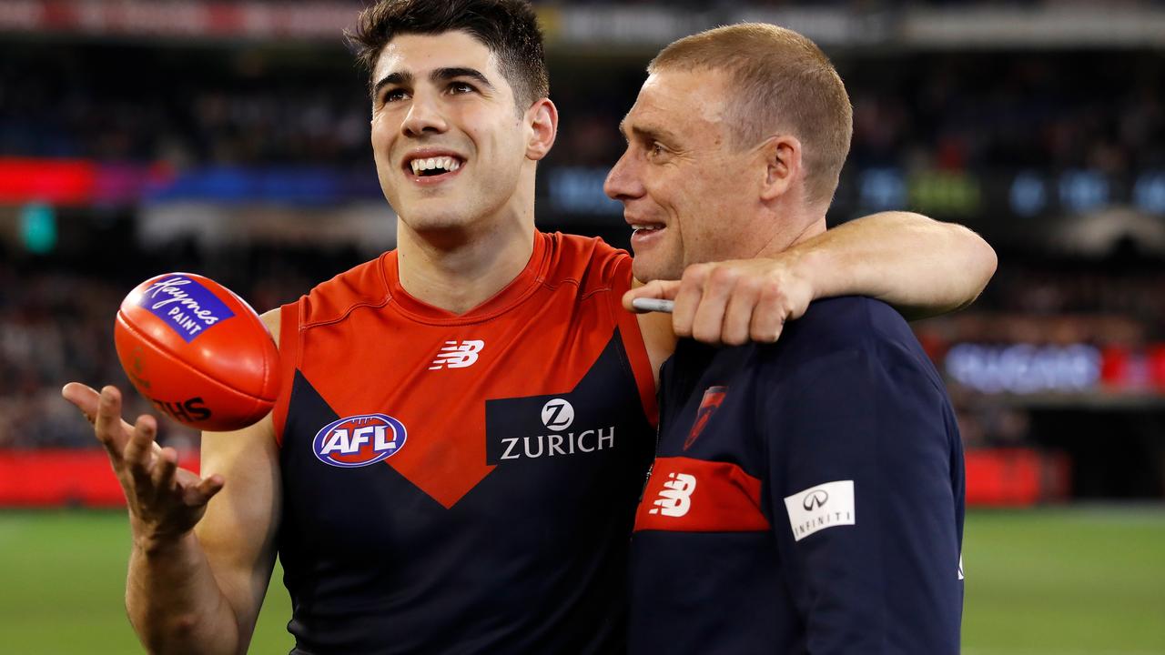 MELBOURNE, AUSTRALIA - SEPTEMBER 07: Christian Petracca of the Demons celebrates with Simon Goodwin, Senior Coach of the Demons during the 2018 AFL First Elimination Final match between the Melbourne Demons and the Geelong Cats at the Melbourne Cricket Ground on September 07, 2018 in Melbourne, Australia. (Photo by Adam Trafford/AFL Media/Getty Images)