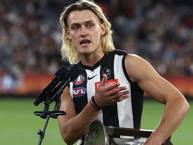 MELBOURNE. 25/04/2023. AFL. Round 6. Collingwood vs Essendon at the MCG.  Darcy Moore of the Magpies makes a speech after todays win . Pic: Michael Klein