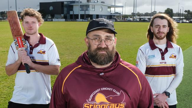 Surfcoast Stingrays batter Richard Dawes (left), president Josh Carey and all-rounder Rhys Healy are excited about the switch to the BPCA2. Picture: Mark Wilson