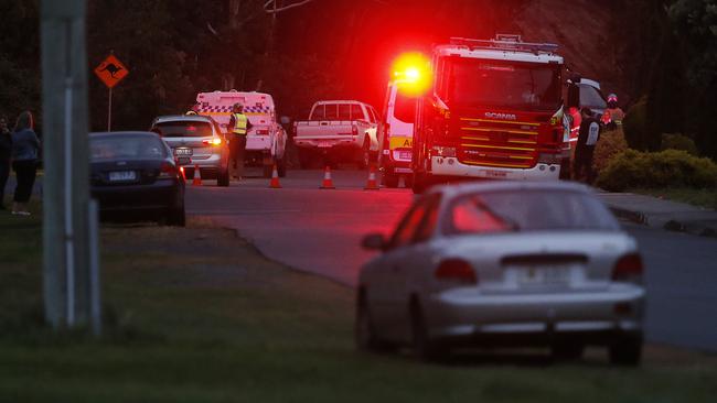 Police and emergency services responding to a report of a person struck by a vehicle on Montrose Road at Montrose. Picture: Zak Simmonds