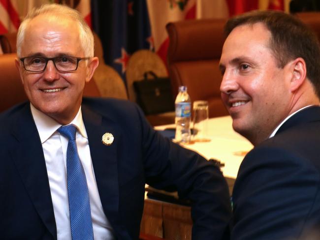 Prime Minister Malcolm Turnbull with Minister for Trade, Tourism and Investment Steve Ciobo at the Trans-Pacific Partnership meeting. Picture: AFP