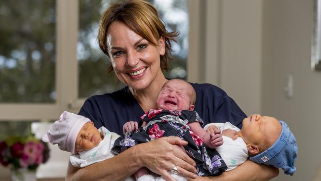 Pindara Hospital's Registered Mid Wife, Kerrie Bray with newborns, Evelyn Dalsanto, 11 days old, Sofia Gentle, 3 days old, and Xavier Harvey, 3 days old. Picture: Jerad Williams